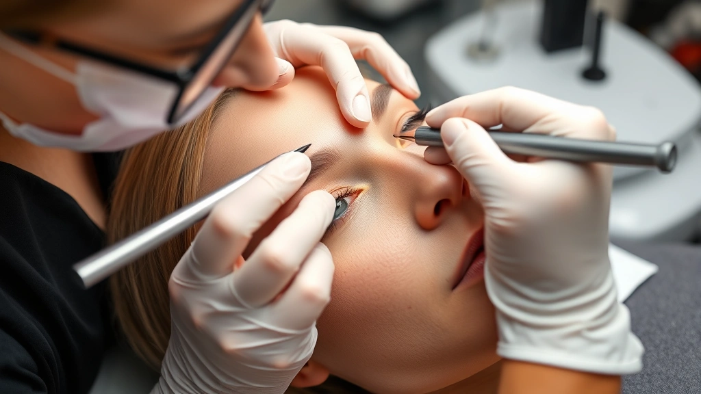 Professional cosmetic tattoo artist applying permanent makeup to client's eyebrows using microblading technique, showing steady hand positioning and focused application in clean clinical studio setting