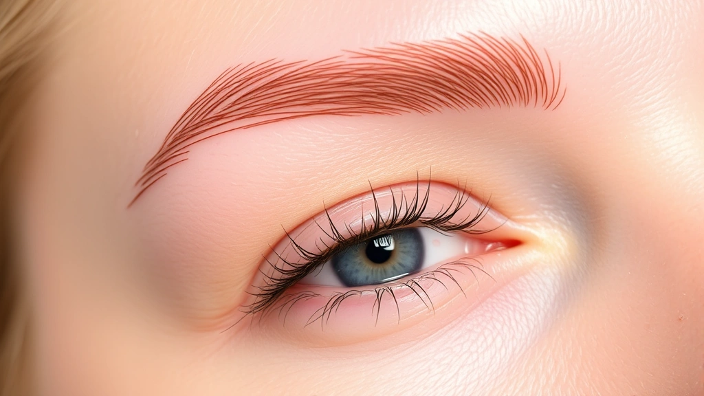 Close-up of freshly tattooed eyebrows during healing phase, showing natural-looking microbladed strokes with slight redness and swelling, demonstrating proper aftercare with clean skin