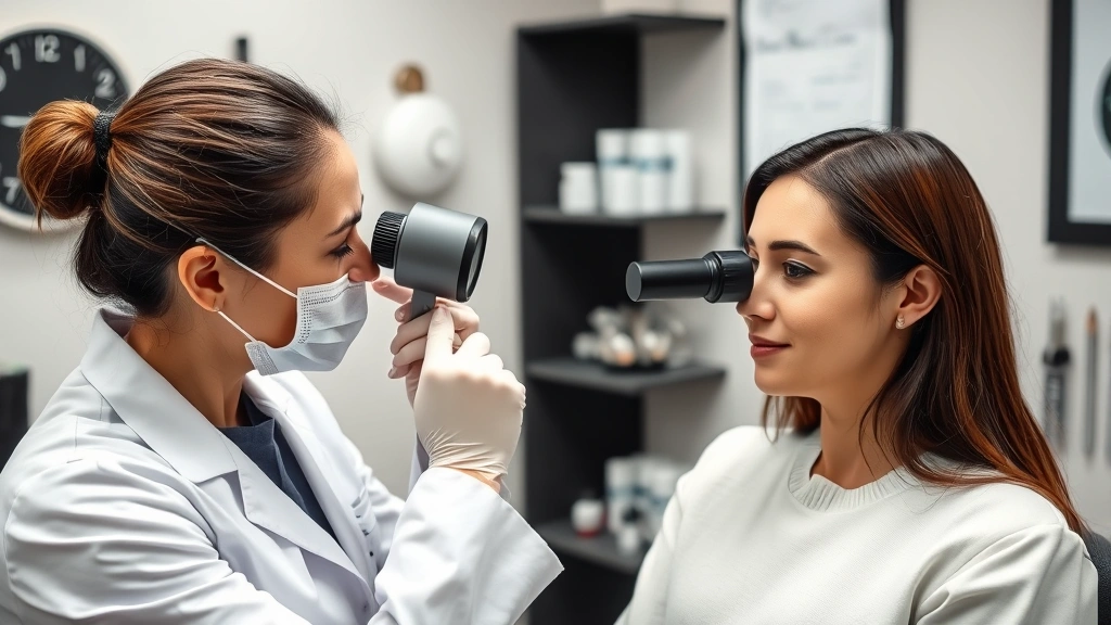 Dermatologist examining client's skin with magnifying tool before cosmetic tattoo procedure, discussing pigment options and safety considerations in professional medical office environment