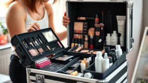 Professional makeup artist opening a well-organized cosmetic train case with multiple compartments, aluminum frame, and neatly arranged makeup products, brushes, and skincare bottles in natural lighting