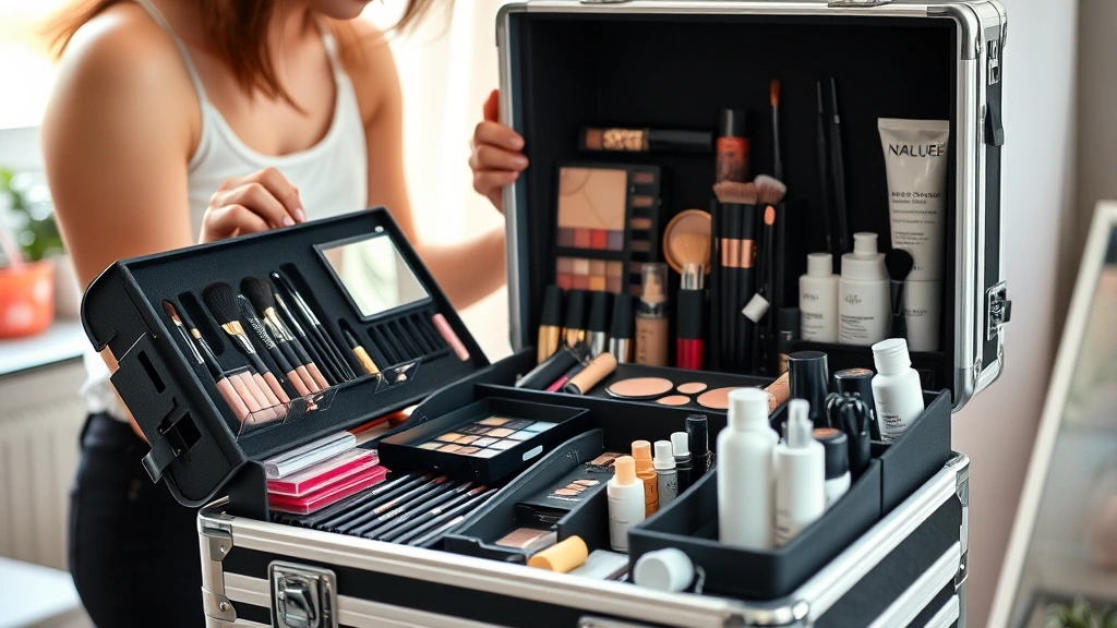 Professional makeup artist opening a well-organized cosmetic train case with multiple compartments, aluminum frame, and neatly arranged makeup products, brushes, and skincare bottles in natural lighting
