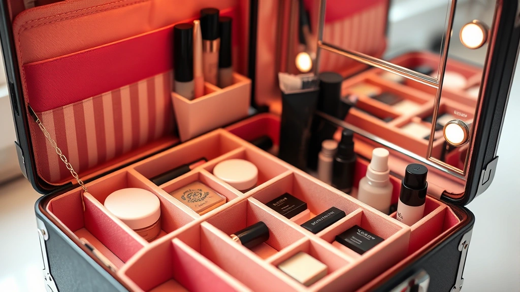 Close-up of an elegant cosmetic train case interior showing color-coded compartments, adjustable dividers, built-in mirror, and various cosmetic products organized by category with soft lighting
