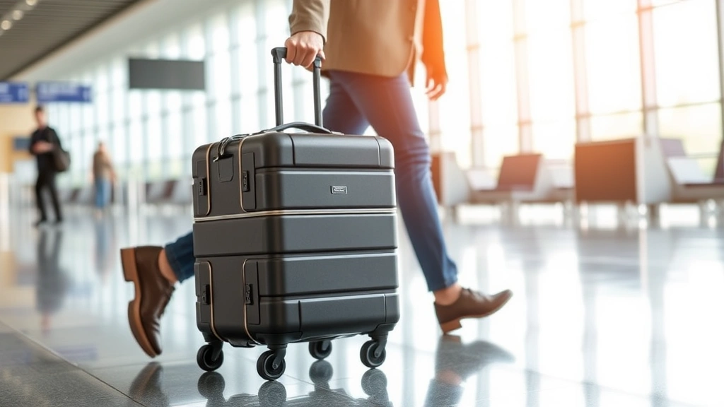 Traveler carrying a wheeled cosmetic train case through an airport, showing the case's compact size, telescoping handle, and TSA-approved lock, with natural daylight from airport windows