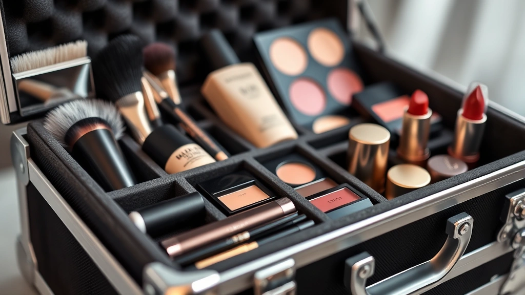 Close-up of a well-organized luxury hard-shell cosmetic case with multiple compartments containing makeup brushes, foundation bottles, eyeshadow palettes, and lipsticks neatly arranged, professional lighting highlighting the protective padding and aluminum frame
