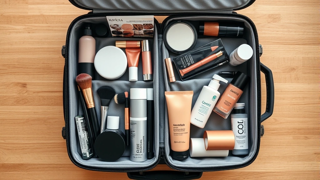 Professional overhead shot of organized cosmetic travel case with neatly arranged makeup products, brushes, and skincare items in compartments, soft natural lighting, wooden desk background