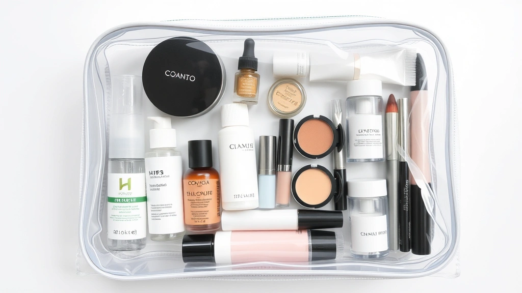 Flat lay of a transparent cosmetic travel bag showing organized liquid products, powders, and makeup items clearly visible through clear material, TSA-compliant setup with small containers and organized compartments, soft natural lighting