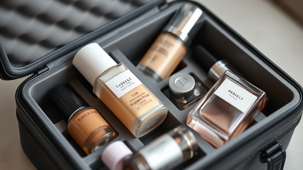 Close-up detail of water-resistant silicone-lined compartments in cosmetic case holding liquid foundations, serums, and perfume bottles without leaking, product photography style