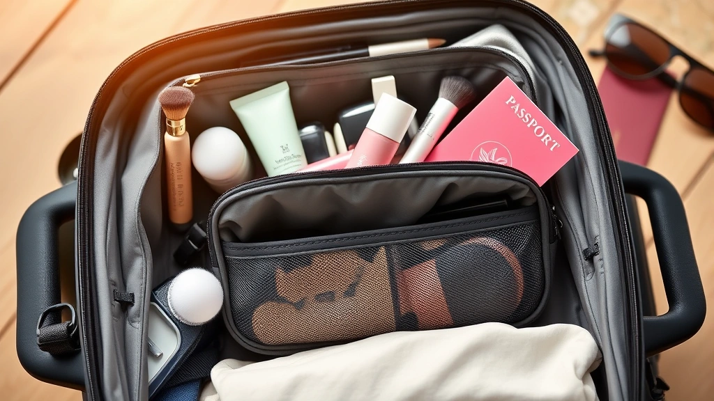 Beauty travel scene with a soft-sided cosmetic organizer packed efficiently in carry-on luggage alongside other travel essentials, showing the compact nature and flexibility of the case, warm travel-themed background with passport and sunglasses