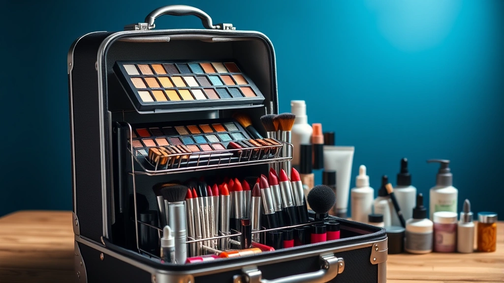 Travel-ready cosmetic case open display showing tiered trays with eyeshadow palettes, makeup brushes in holders, lipsticks organized vertically, and organized skincare products, bright studio lighting