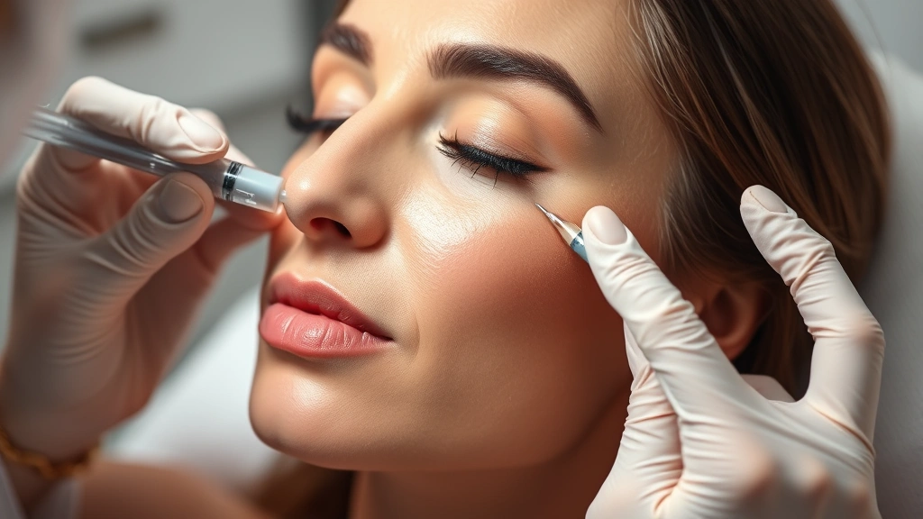 Woman receiving dermal filler injection on cheek by professional aesthetician, clinical setting with soft lighting, close-up of needle-free injection pen, glowing skin texture visible