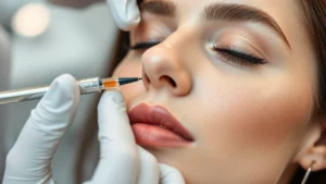 Close-up of woman's face receiving professional dermal filler injection on cheekbone area, clinical setting with soft lighting, showing immediate volume enhancement and facial contouring technique