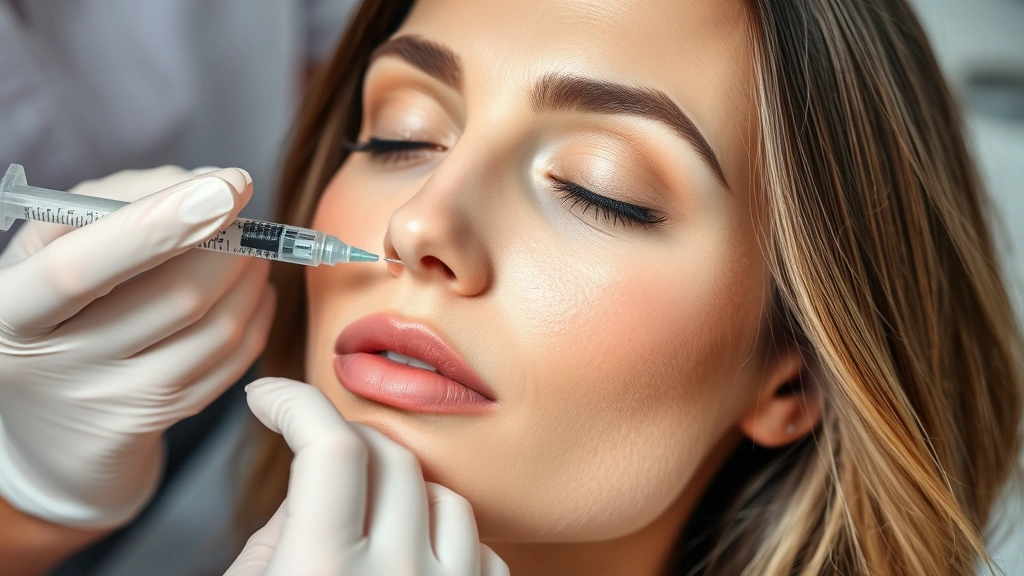 Professional woman receiving dermal filler injection in cheek area by experienced aesthetician, clinical setting, close-up of syringe application, natural lighting, before-after transformation concept