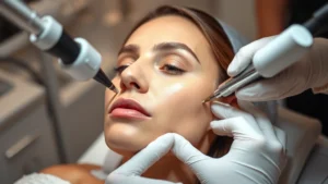 Professional woman receiving microneedling treatment in modern dermatology clinic with advanced equipment, close-up of dermatologist applying treatment, clinical setting with soft lighting