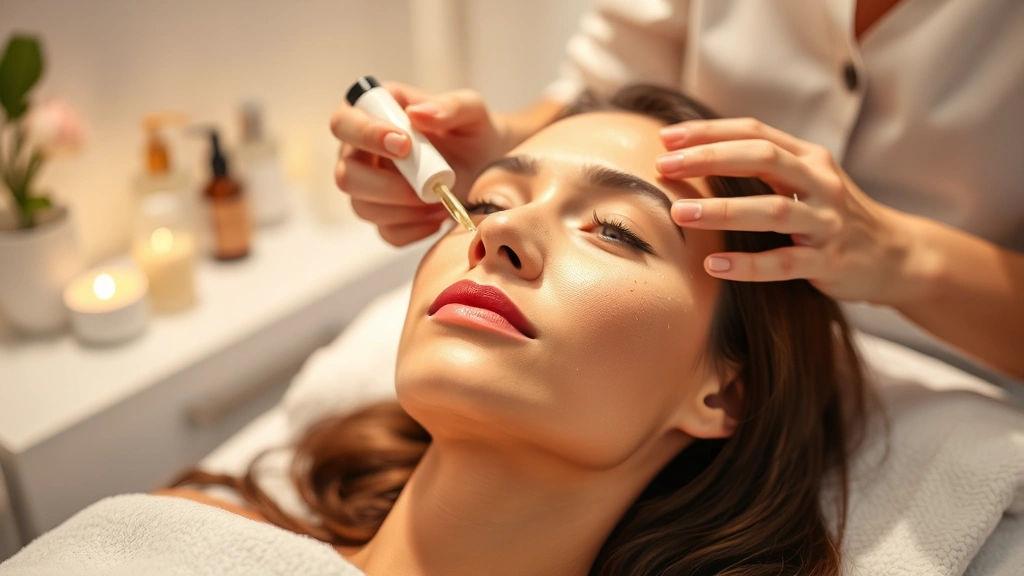 Woman receiving professional facial treatment in modern spa setting with soft lighting, aesthetician applying serum to face, serene relaxation environment, no visible text or product labels