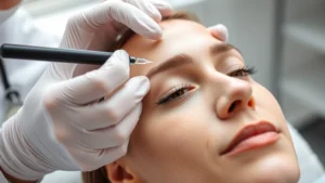 Professional dermatologist performing Botox injection on woman's forehead, clinical setting, natural lighting, close-up of injection technique