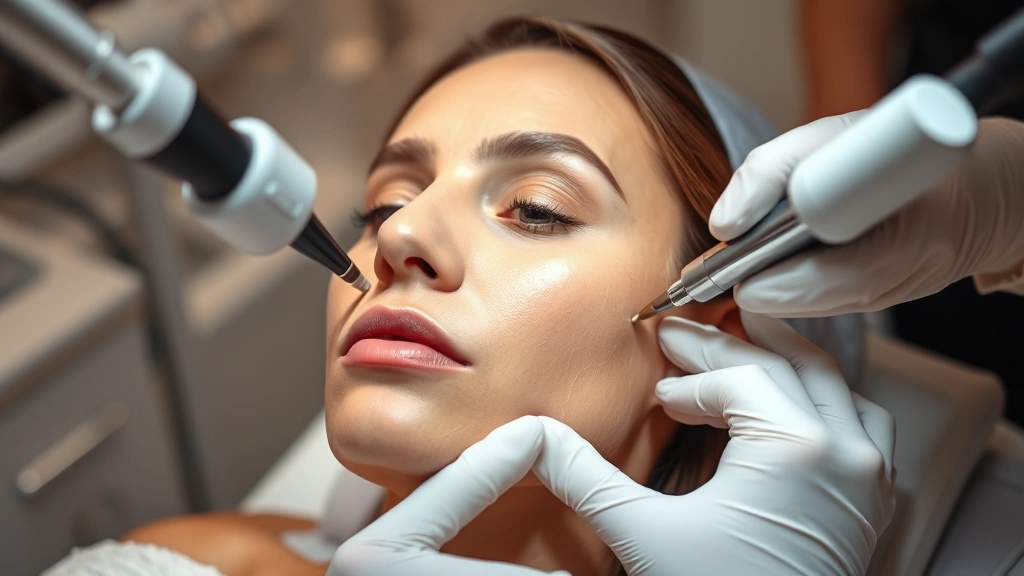 Professional woman receiving microneedling treatment in modern dermatology clinic with advanced equipment, close-up of dermatologist applying treatment, clinical setting with soft lighting