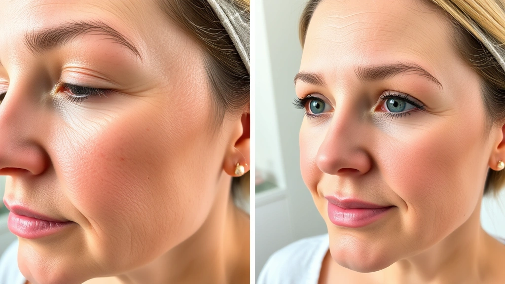 Before and after split-screen showing skin texture improvement, one side with visible wrinkles and sun damage, other side smooth radiant complexion after laser treatment, natural indoor lighting