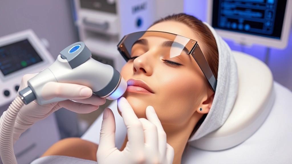 Female patient receiving fractional laser skin resurfacing treatment on face, laser device in use, protective eyewear, modern dermatology clinic environment with advanced equipment
