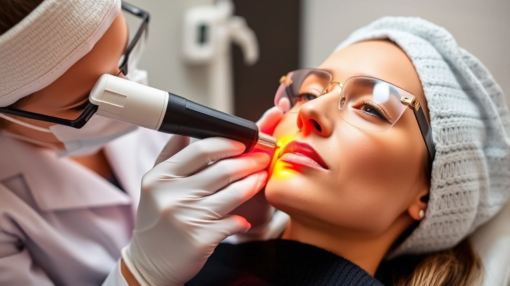 Dermatologist performing fractional laser treatment on female patient's face, red laser light visible, protective eyewear worn, modern medical spa environment, advanced technology equipment visible