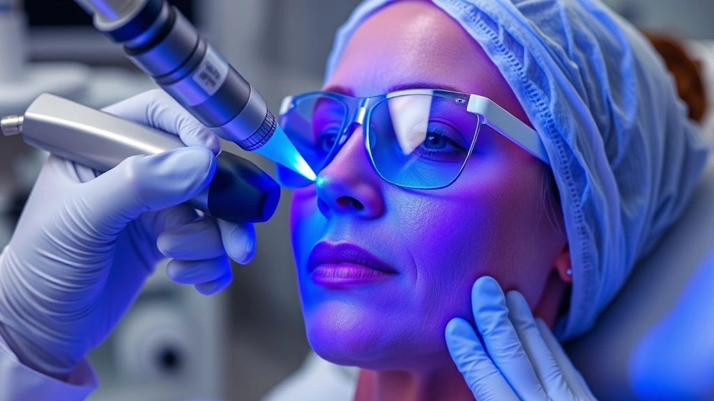Dermatologist performing laser treatment on patient's face, advanced medical equipment, blue laser light, professional clinical setting, patient wearing protective eyewear, focused treatment area