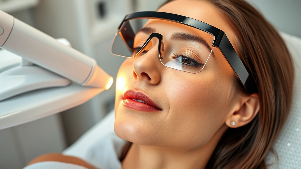 Woman receiving fractional laser treatment on face, wearing protective eyewear, professional medical spa environment, visible laser technology