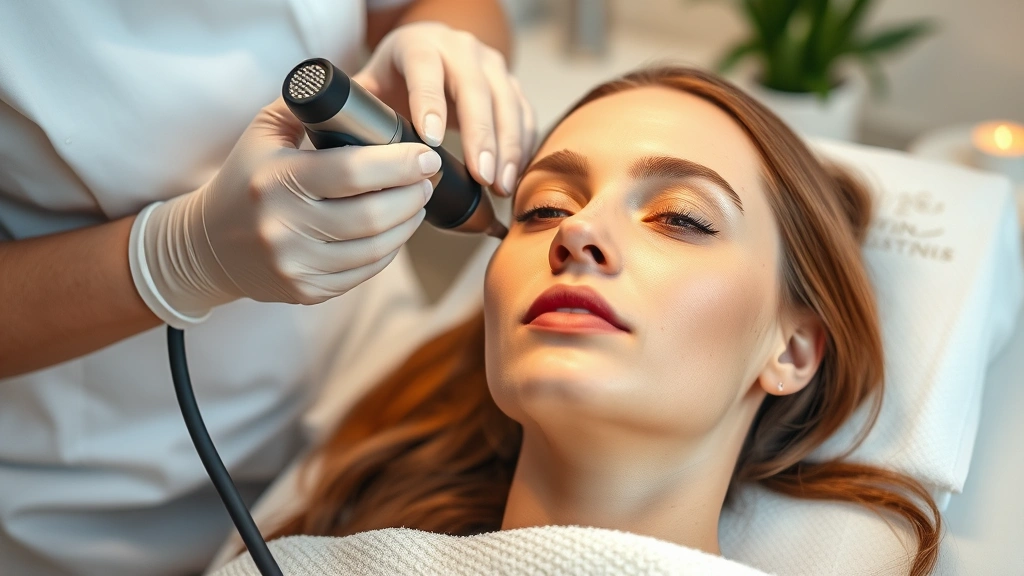 Aesthetic practitioner performing microneedling on female patient's face, radiofrequency device visible, patient relaxed in treatment chair, professional spa environment with calming ambiance