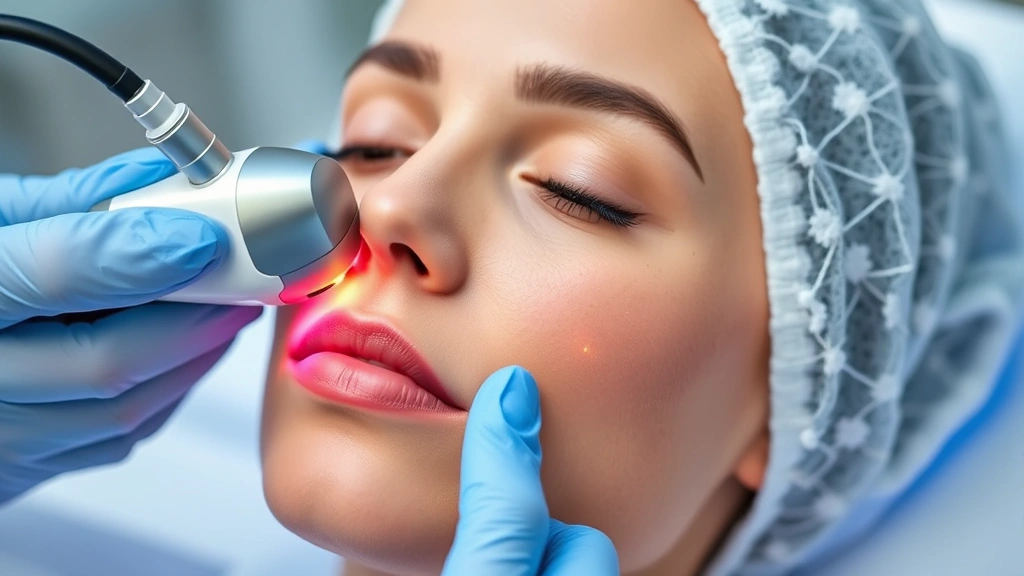 Professional microneedling radiofrequency treatment being performed on woman's face, device creating controlled micro-injuries, clinical setting, showing skin rejuvenation technology in action