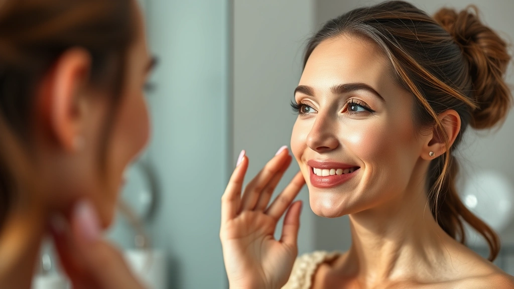 Woman examining skin in mirror after cosmetic treatment showing visible improvement in texture and radiance, satisfied expression, natural bathroom lighting highlighting skin clarity