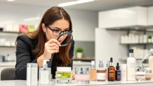 Professional cosmetics buyer reviewing product samples in a modern laboratory setting, examining skincare creams and serums in glass containers with magnifying glass, neutral lighting, organized workspace