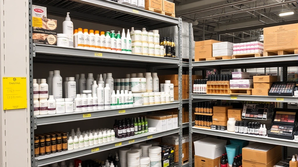 Organized warehouse storage shelves displaying wholesale cosmetic products including skincare bottles, makeup palettes, and beauty supplies, climate-controlled environment, proper shelving system, professional lighting