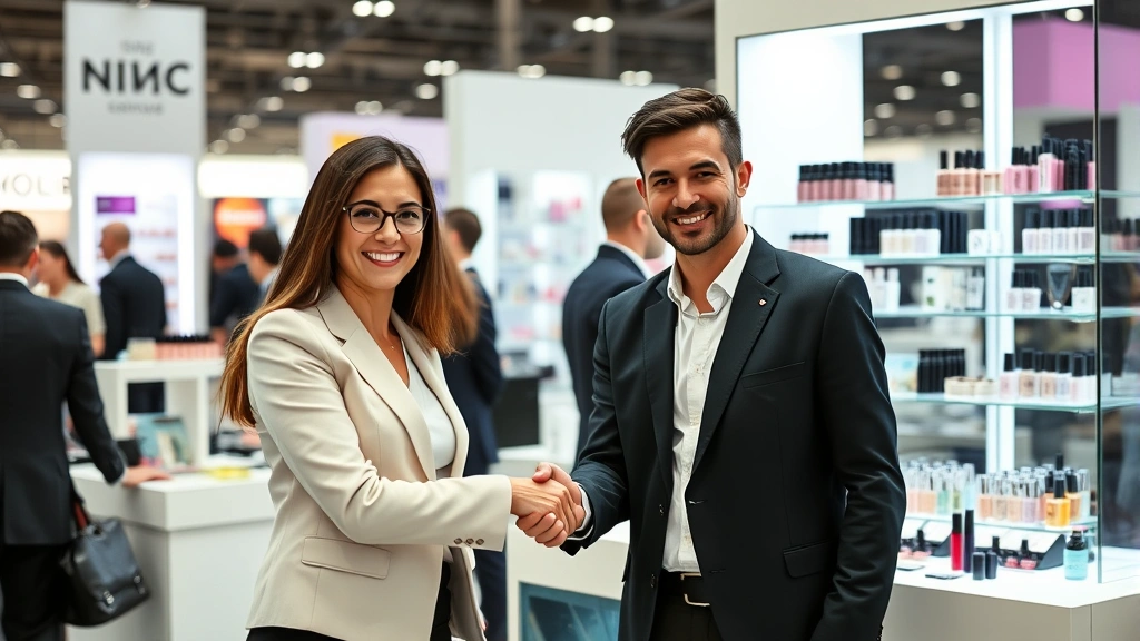 Two business professionals shaking hands at cosmetics trade show, product displays in background, diverse beauty products visible, professional attire, networking environment, natural lighting