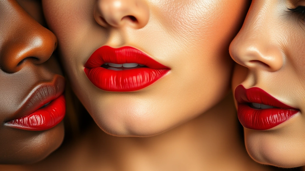 Close-up of diverse women's lips displaying vibrant lipstick shades in red, coral, berry, and brown tones against different skin tones in natural daylight, professional beauty photography