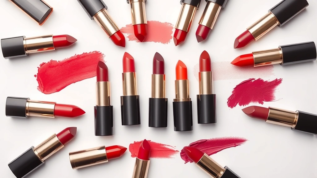 Flat lay arrangement of multiple lipstick tubes and swatches showing color payoff on swatches in various undertones—cool reds, warm terracottas, deep burgundies, and mauve shades, beauty product photography