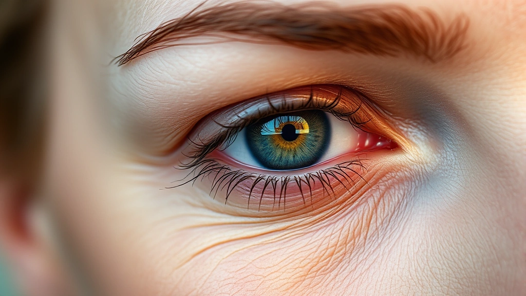 Close-up of a woman's under-eye area showing dark circles and fine lines, natural lighting, no makeup, focused on the delicate eye contour skin texture