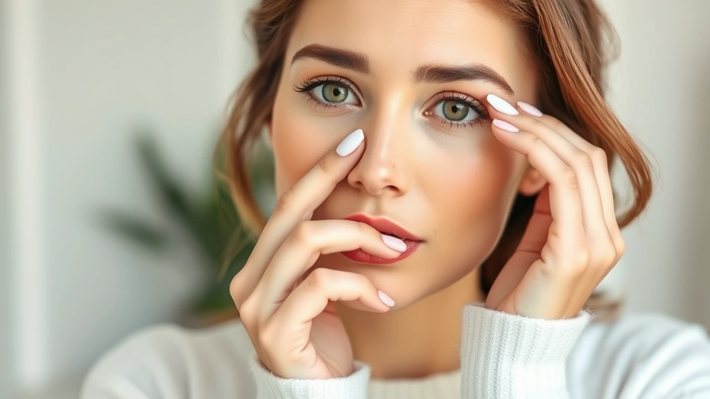 Woman applying eye cream with ring finger to the orbital bone area, demonstrating proper application technique, morning skincare routine setting, soft natural light