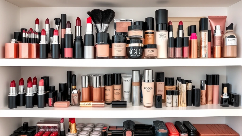 Organized beauty product collection displaying various lipsticks, foundations, and cosmetics in different shades arranged aesthetically on white shelving with soft studio lighting
