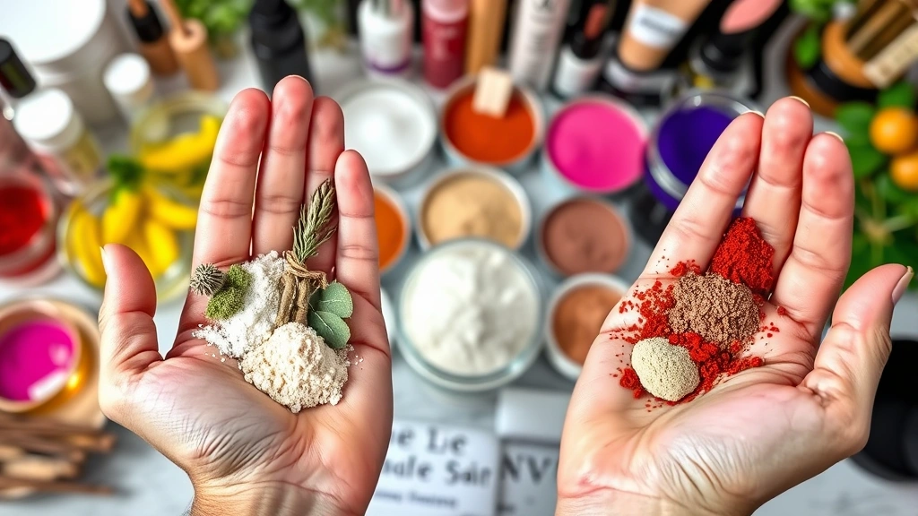 Hands holding premium cosmetic ingredients including natural botanicals, mineral powders, and colorful pigments displayed in glass containers with professional cosmetic crafting setup in background