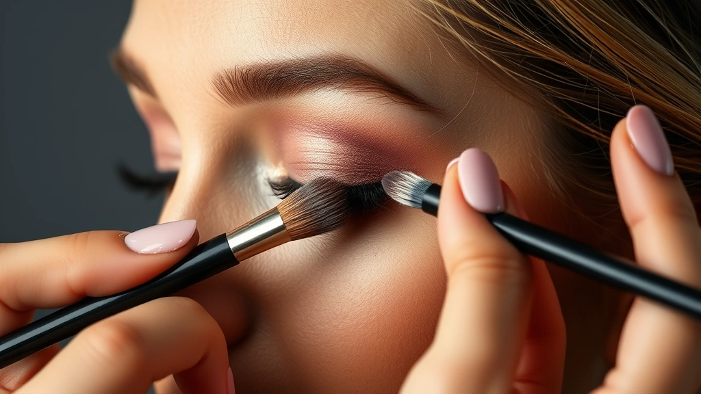 Close-up of makeup artist's hands blending eyeshadow with professional brushes on model's eyelid, showing precise technique and color application under studio lighting