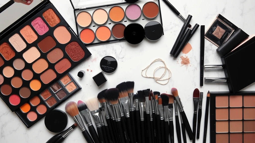 Overhead view of organized makeup palette with various pigments, brushes, and blending tools arranged professionally, demonstrating product knowledge and workspace setup