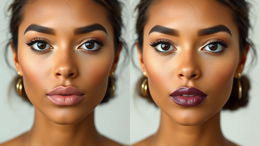 Before and after facial makeup application showing contouring and highlighting techniques that demonstrate anatomical understanding and three-dimensional shaping on diverse skin tone