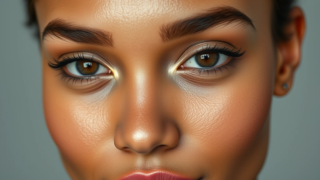 Close-up of a diverse young woman's face with natural, dewy skin texture and subtle makeup highlighting natural features, professional lighting, no visible makeup packaging or text