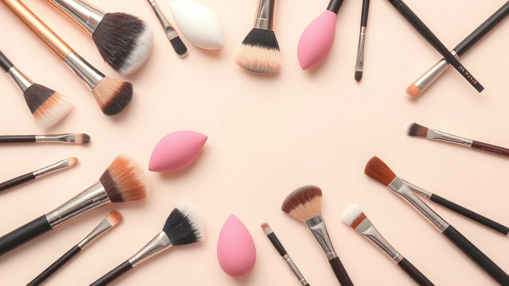 Flat lay arrangement of makeup brushes and beauty sponges in various shapes and sizes on a soft neutral background, clean and organized composition