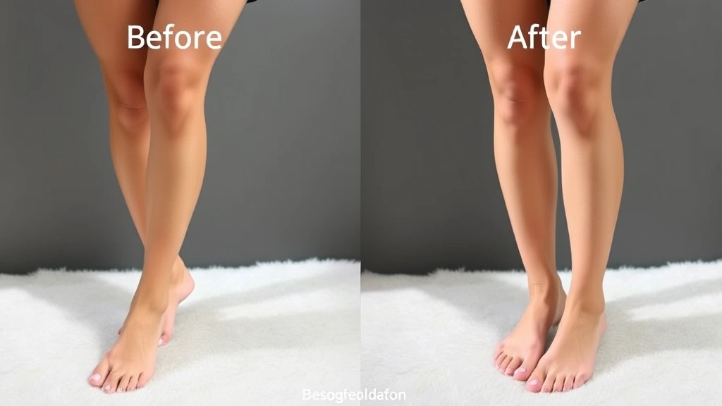 Before and after leg makeup comparison showing hyperpigmentation and discoloration concerns on one leg, then flawlessly corrected and evened-out appearance on the other leg, same lighting and angle for accurate representation