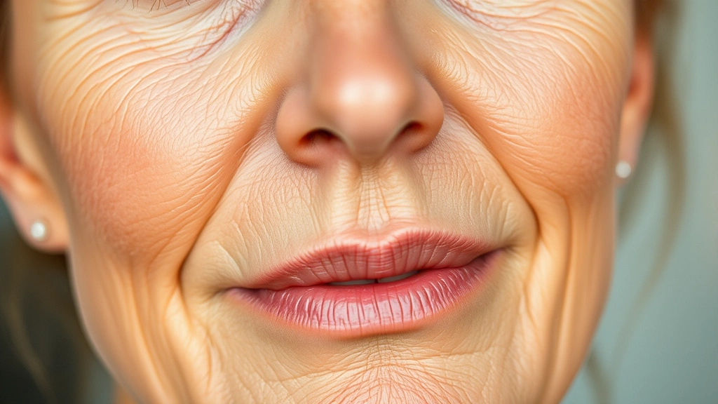 Close-up of mature woman's face with dewy, glowing skin wearing natural makeup. Fine lines softly visible, luminous complexion, warm lighting. No text or product labels visible.
