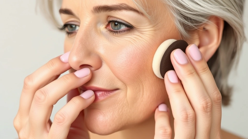 Mature woman applying cream foundation with damp beauty sponge to cheekbone. Soft natural light, hydrated skin texture visible. Focus on blending technique and skincare-first approach.