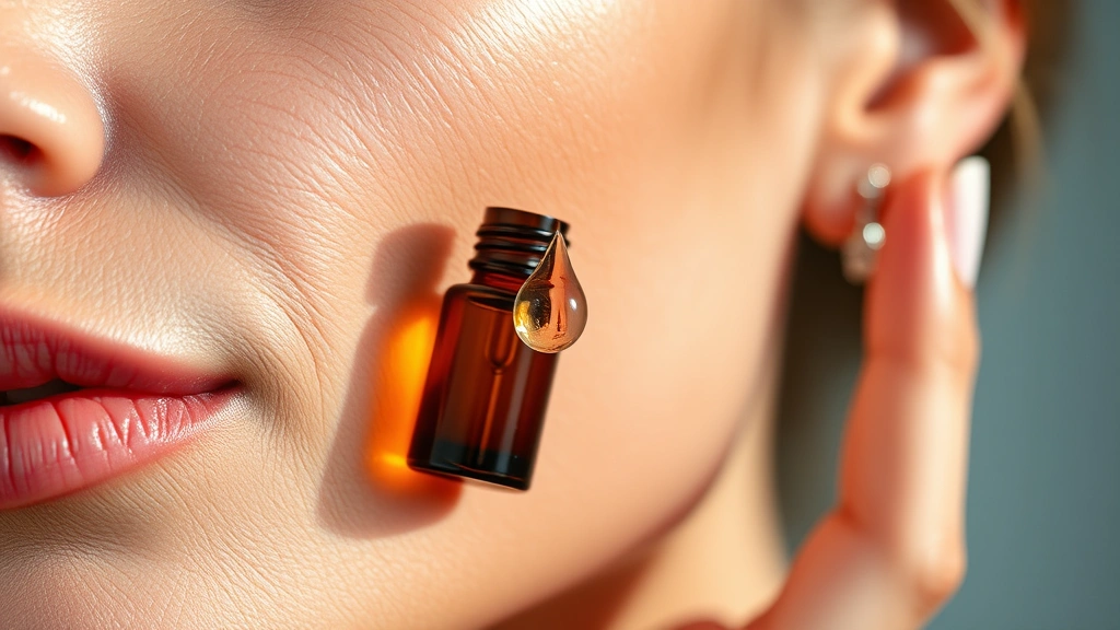 Luxurious serum droplet suspended in light with mature woman's hand applying product to cheek area, showing dewy hydrated skin and natural skin tone, professional skincare photography