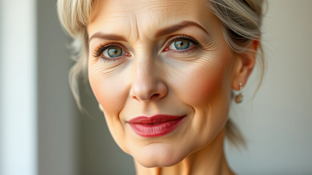 Mature woman with defined eyes and warm-toned lip color, subtle highlighting on cheekbones. Natural expression, confident appearance. Demonstrates elegant mature makeup application without heavy contouring.