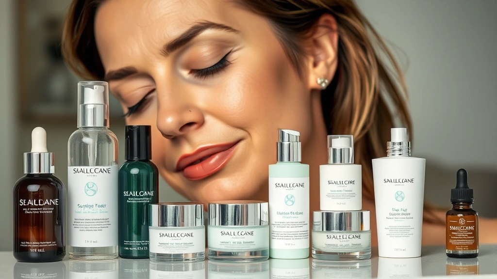 Array of skincare bottles and jars arranged beautifully with mature woman's relaxed face in background showing results, emphasizing premium cosmetic presentation and skin radiance