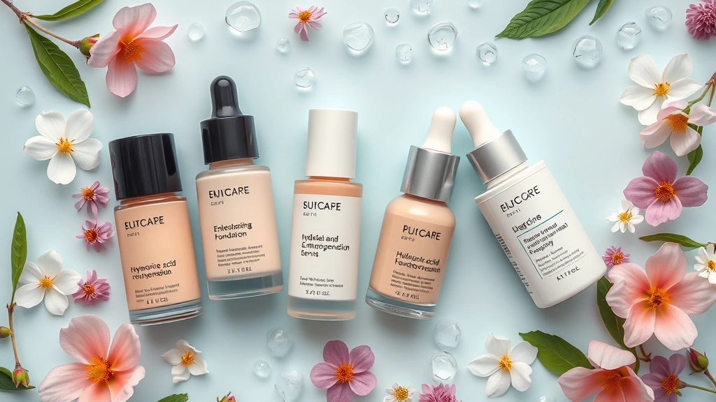 Flat lay of hydrating foundation bottles and serums with hyaluronic acid and glycerin, surrounded by fresh botanicals and water droplets, skincare ingredients aesthetic