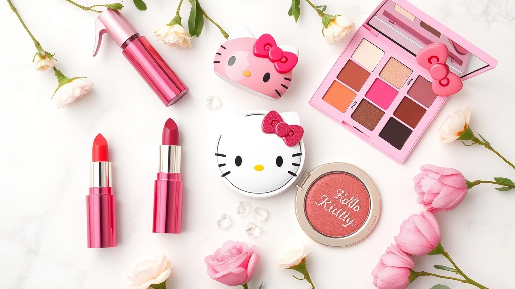 Flat lay arrangement of Hello Kitty-shaped cosmetic products including lipsticks, cushion compact, and eyeshadow palette on white marble surface with fresh flowers
